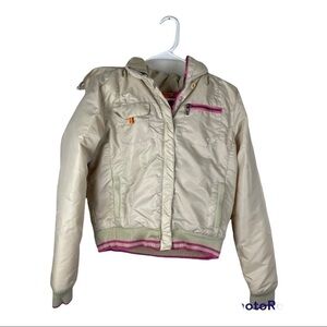 Roxy Junior  Large White Pink Flower Embroidered Jacket Removable Hood